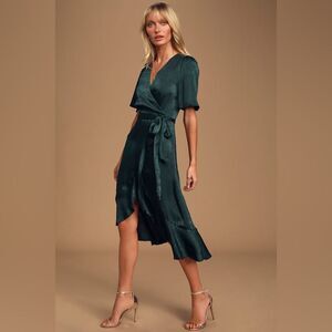 LULUS Wrapped Up In Love Dark Green Satin Faux-Wrap Midi Dress *NEW*
